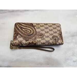 MICHAEL KORS Paisley Continental Brown Tan Leather Wristlet Wallet